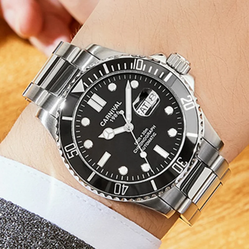 Switzerland Carnival Mens Watches Top Brand Luxury Automatic Mechanical Wristwatch Full Steel Military diving sport Clocks Reloj