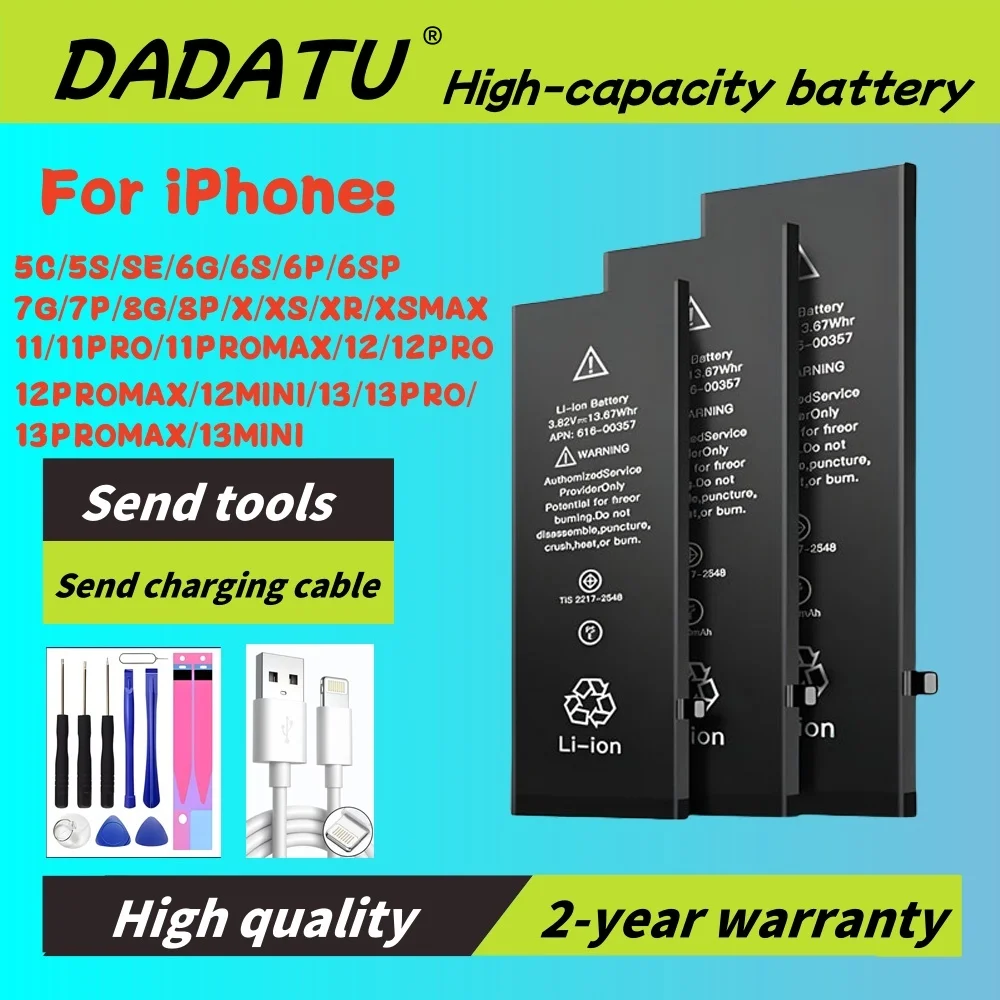 

DADATU high-capacity battery is compatible with for iPhone 6, 6G, 6P, 6SP, 7, 7P, 8G, 8P, X, XS, XR, XSMAX, 11, 12,13,14,15