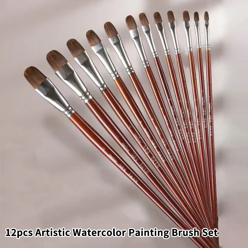 12Pcs/Set  Multipurpose Weasel Hair Paint Brushes Round Tip Hair Oil Painting BrushLong Birch Rod Acrylic Drawing Art Supplies