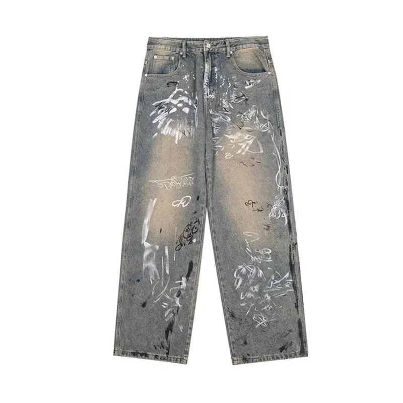 Męskie luźne dżinsy Y2K z nadrukiem graffiti New Vintage Distressed Blue Harajuku Denim Pants High Street Straight-leg Jean Trousers