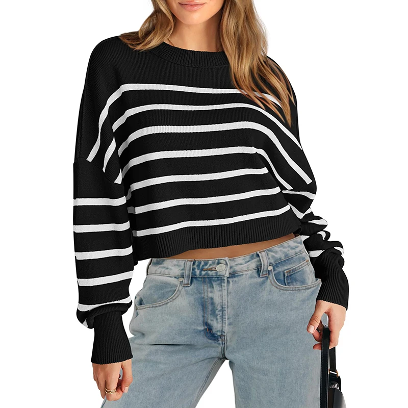 

Women's Fall Cropped Striped Sweaters Casual Long Sleeve Crewneck Pullover Oversized Winter Tops Jumper