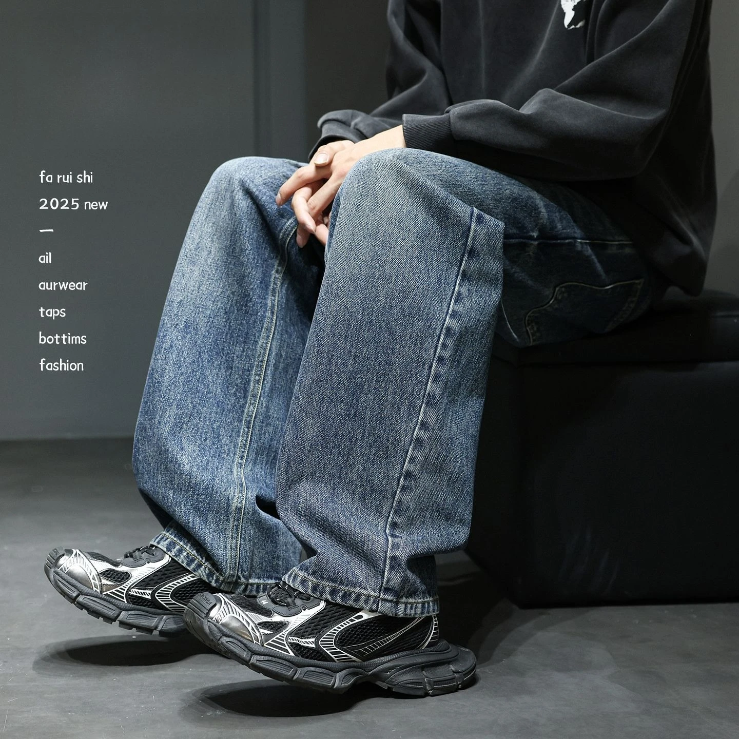 American-style Deconstructed Large Curved Cut Washed Jeans A Men's Trendy Brand Loose Straight-leg Wide-leg Casual Pants Pants