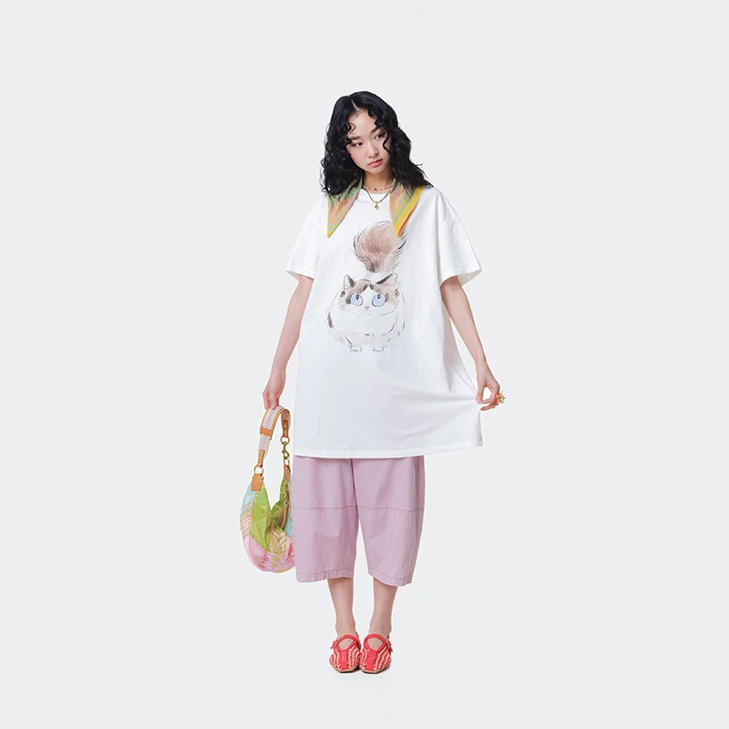 MOVEUP Short Sleeved Round Neck T-Shirt 2026 Summer New Drop Sleeves Cartoon Cat Print Loose Commuting Top For Women 3ELX10527