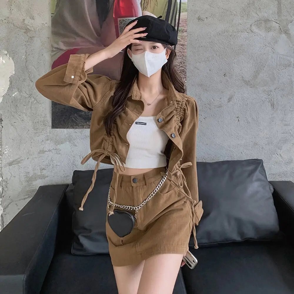 

2023 New Autumn Design Sense Women's Retro Two Piece Set Cool Drawstring Street Short Coat + High Waist Khaki Mini Skirt Suits