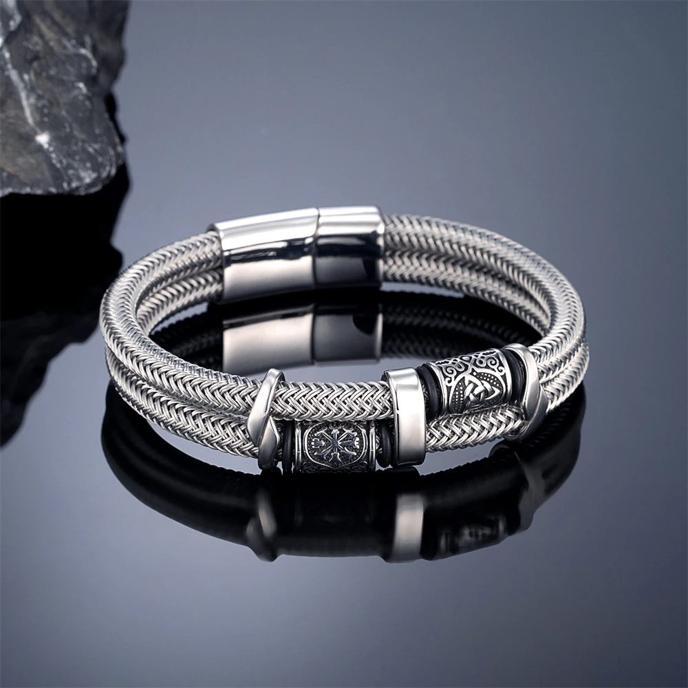 الفايكنج الرونية طبقة مزدوجة سوار للرجال أسلاك الفولاذ المقاوم للصدأ حبل نورس Triquetra الإسورة خمر الهدايا والمجوهرات الاسكندنافية