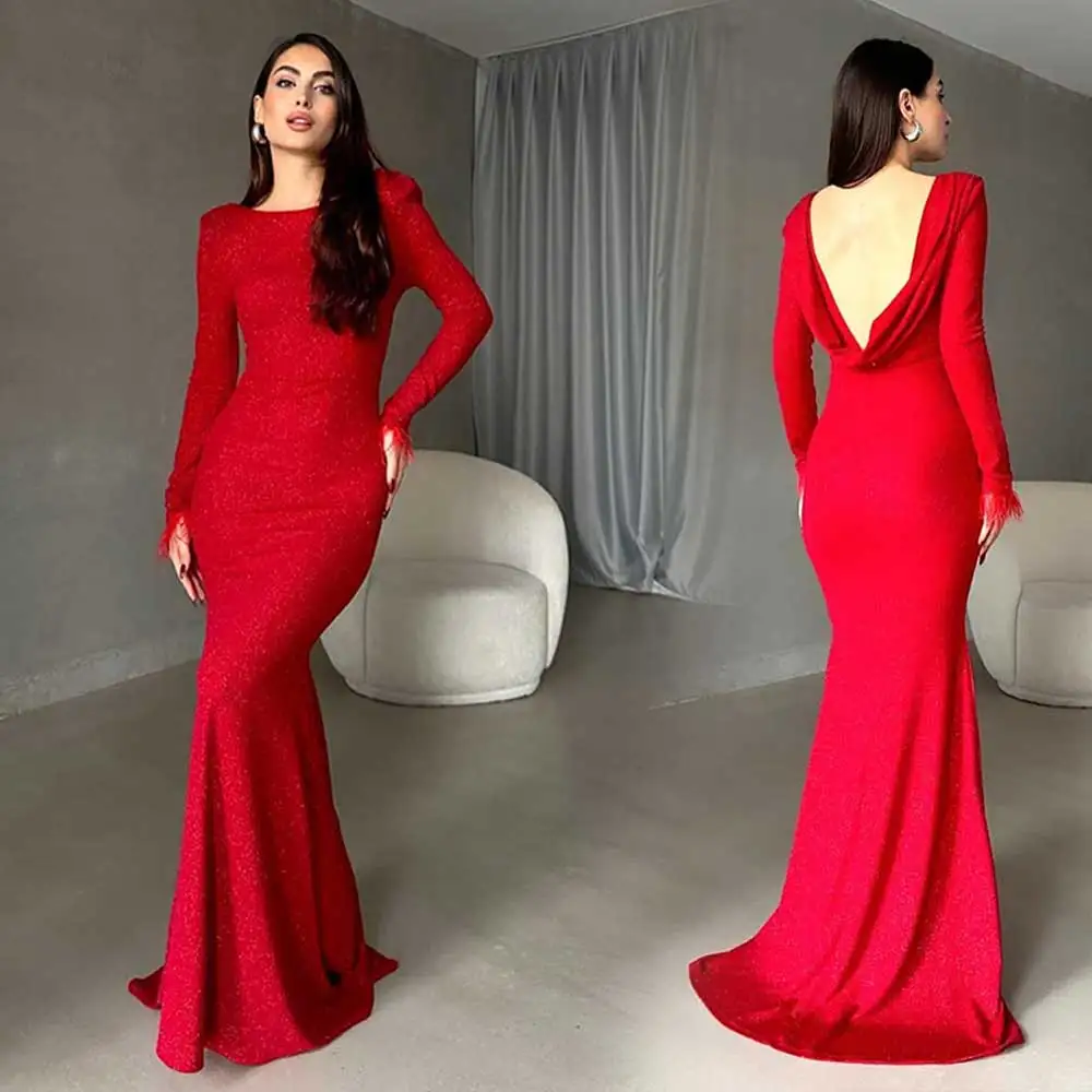 Vestido de graduación rojo Simple para mujer, Jersey de plumas de manga larga, longitud hasta el suelo, Espalda descubierta, vestidos de noche formales para ocasiones