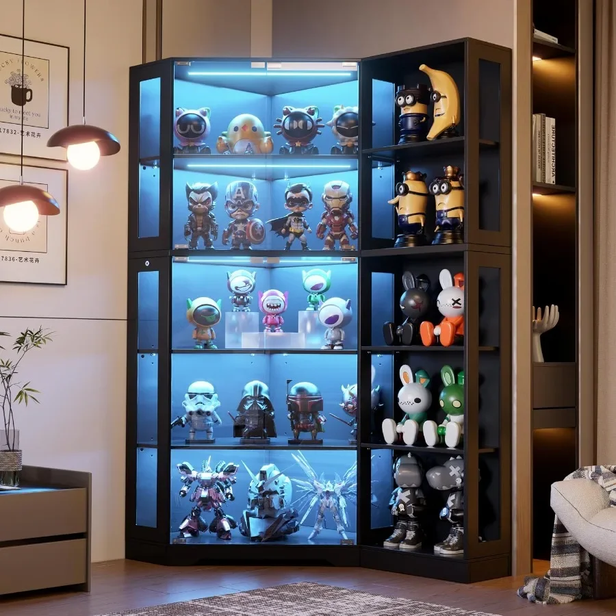 Corner display curio cabinet with glass doors, LED lighted display case for collectibles, 5-tier storage shelves for living roo