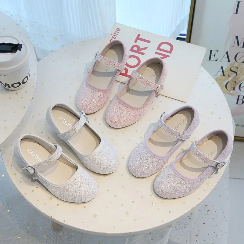 Toddler Girls Glitter Mary‑Jane Shoes Adjustable Buckle Low Heel Children Party Princess Dress Shoes