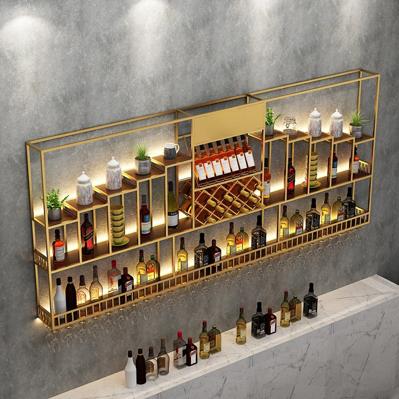 Restaurant Illuminated Wine Rack Storage Household Minimalist Creative Bar Cabinet Hanging Customized Vitrine Showcase Furniture