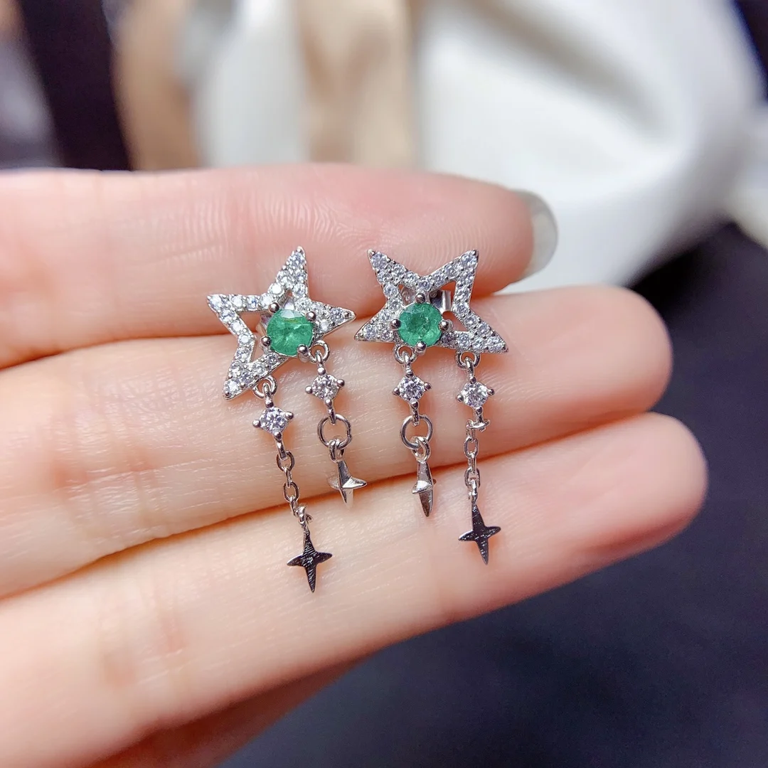 

925 Sterling Silver Natural Emerald Stud Earrings Classic Fine Jewelry Women Wedding Gift 14k Gold Jewelry