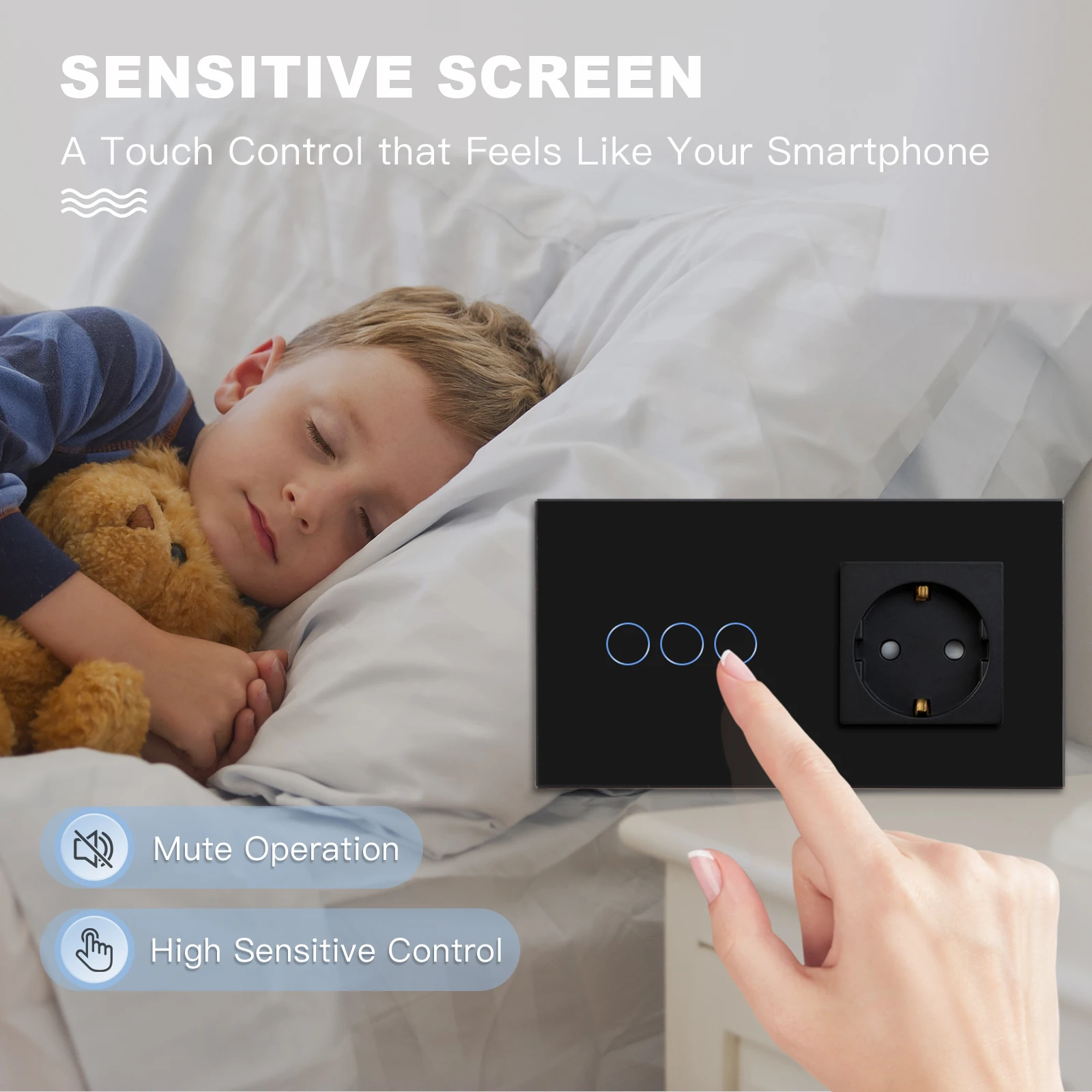 Bgraine – interrupteur tactile avec prises murales USB EU, interrupteurs muraux Led noirs, 1/2/3 gangs, 1 voie, cristal, bleu foncé,