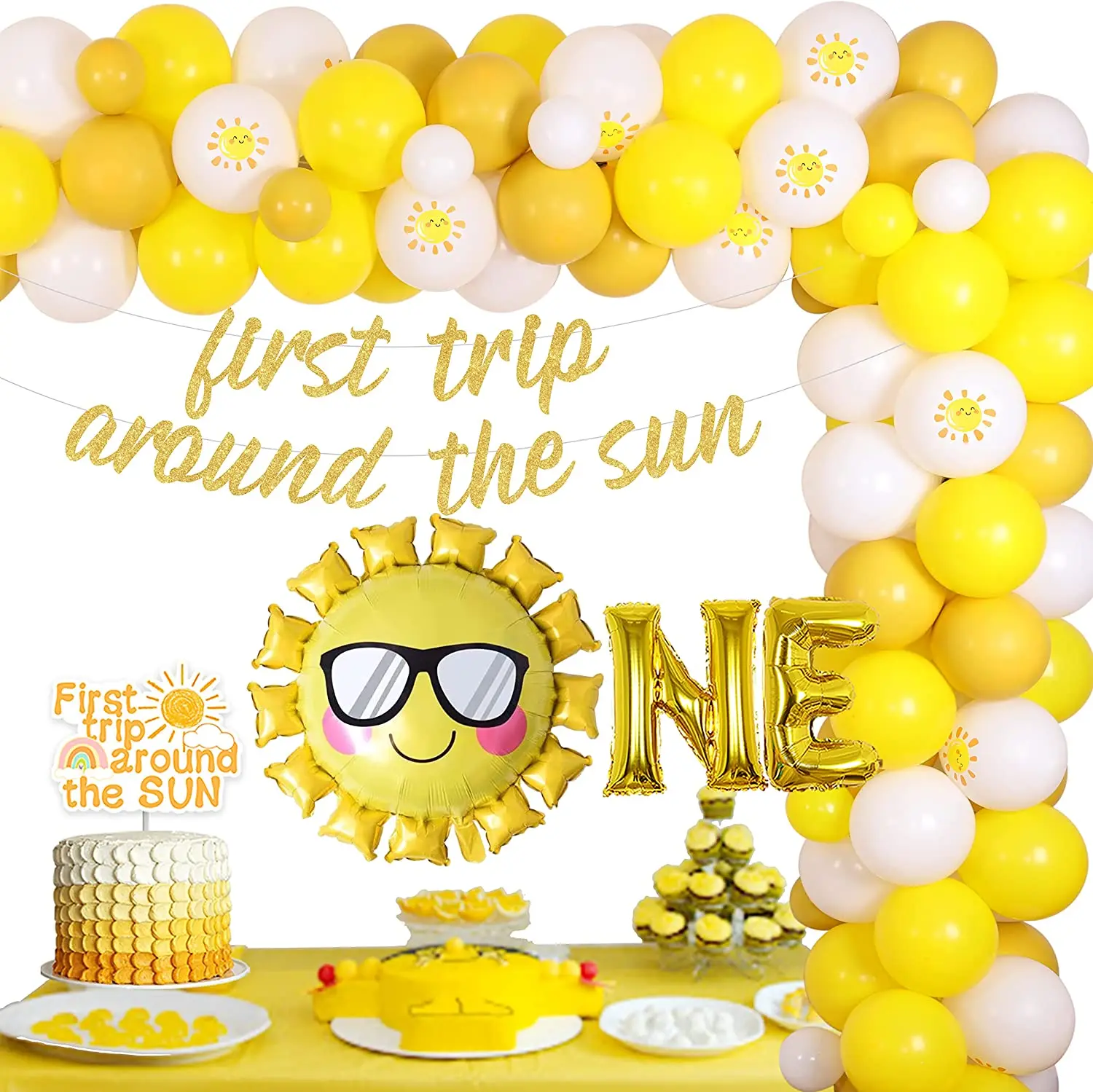 

Funmemoir First Trip Around The Sun 1st Birthday Party Decorations Yellow Balloon Garland Kit Boho Sunshine First Bday Supplies