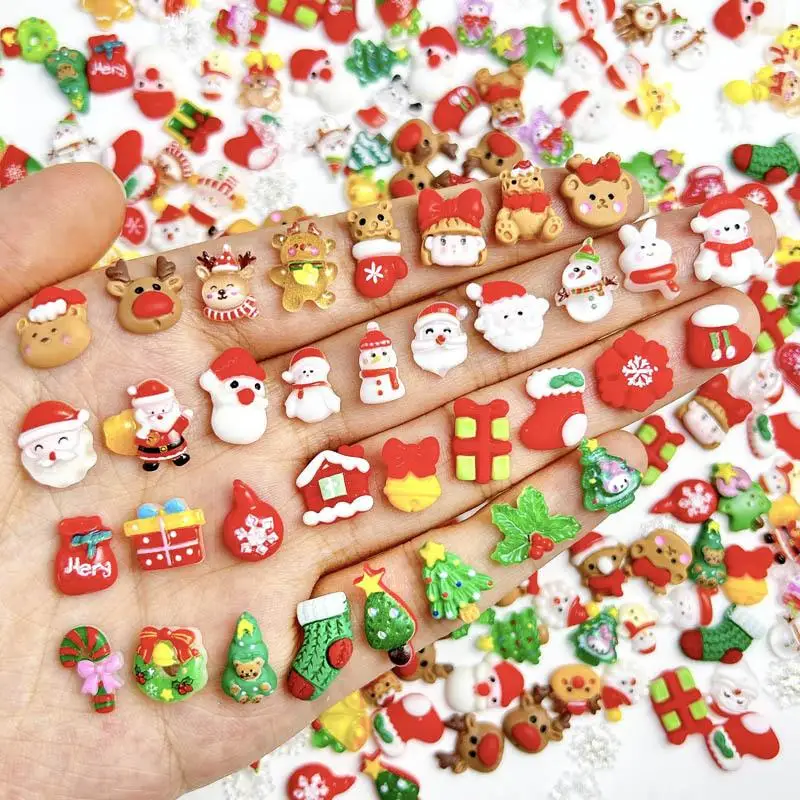 Breloques 3D en Résine pour Ongles, Série de Noël, Bonhomme de Neige Mignon, Père Noël, Boîte-Cadeau, Festival, Décoration Artistique, Fournitures DIY