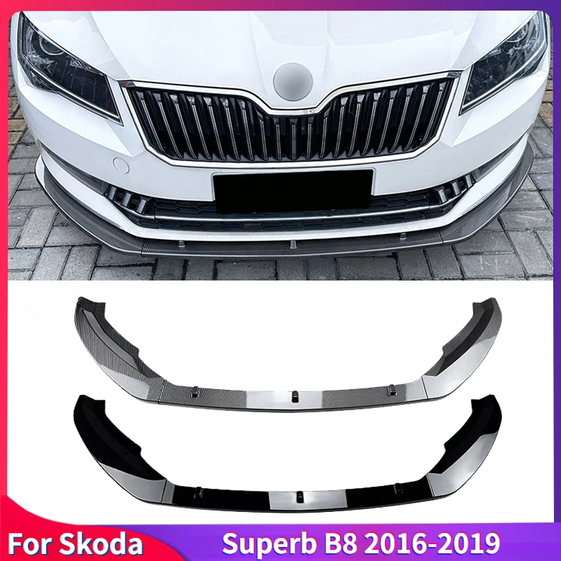 

For Skoda Superb B8 2016-2019 3Pcs Car Front Bumper Lip Spoiler Lower Blade Splitter Body Kit ABS Gloss Black Carbon Fiber