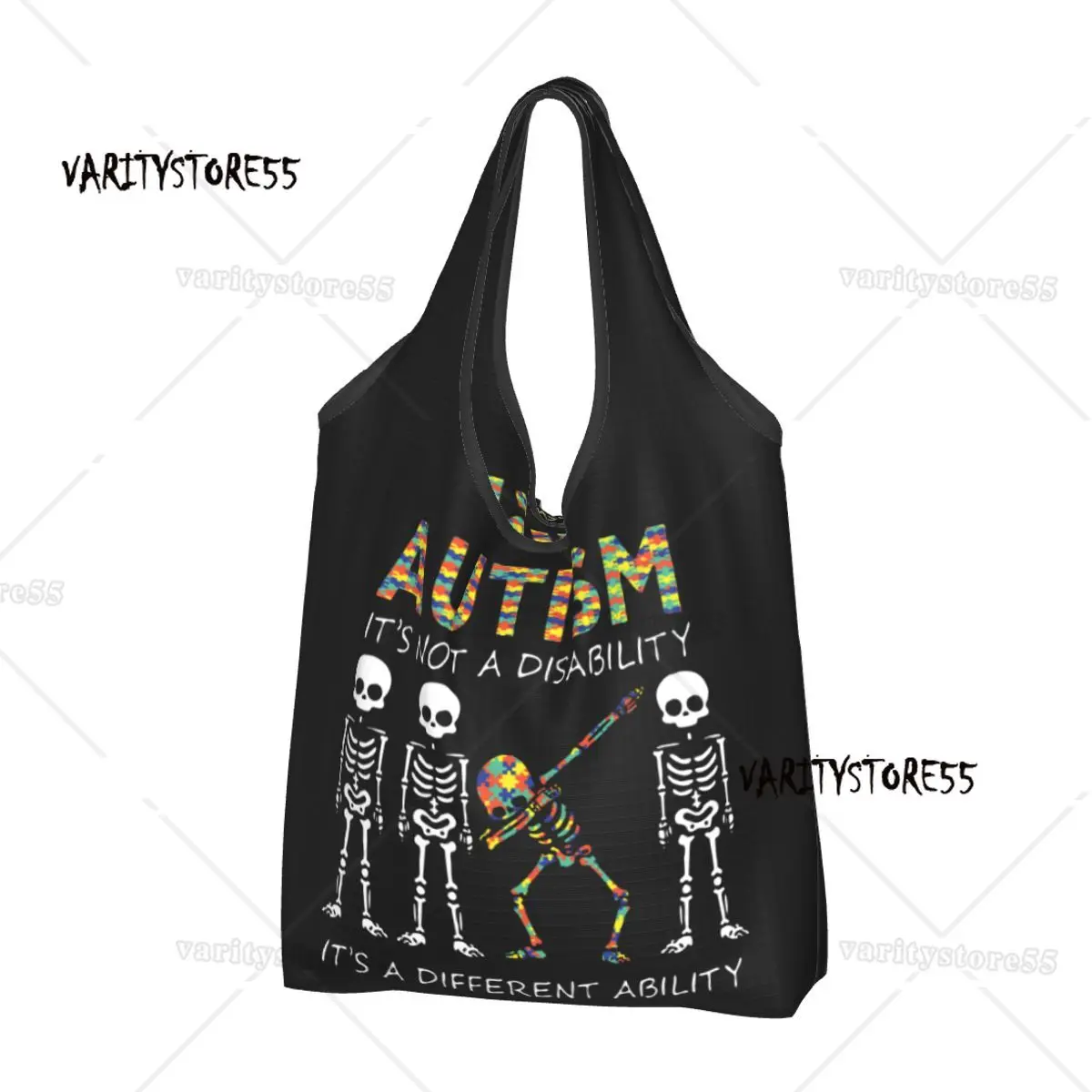 Reusable Autism It's A Different Ability Dabbing Skeleton Grocery Bags Recycle Foldable Autismo Autistic Awareness Shopping Bag