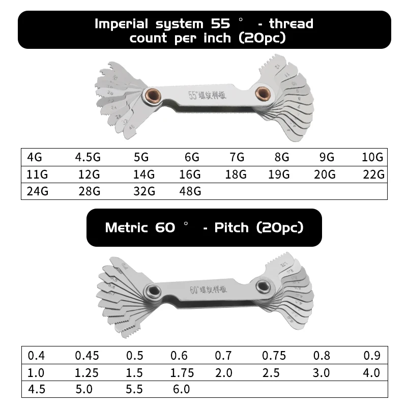20set Inch 55° Metric 60°  Thread Pitch Cutting Screw Pitch Gauge Tool Stainless Steel Metric Screw Thread Gauge 20Pcs