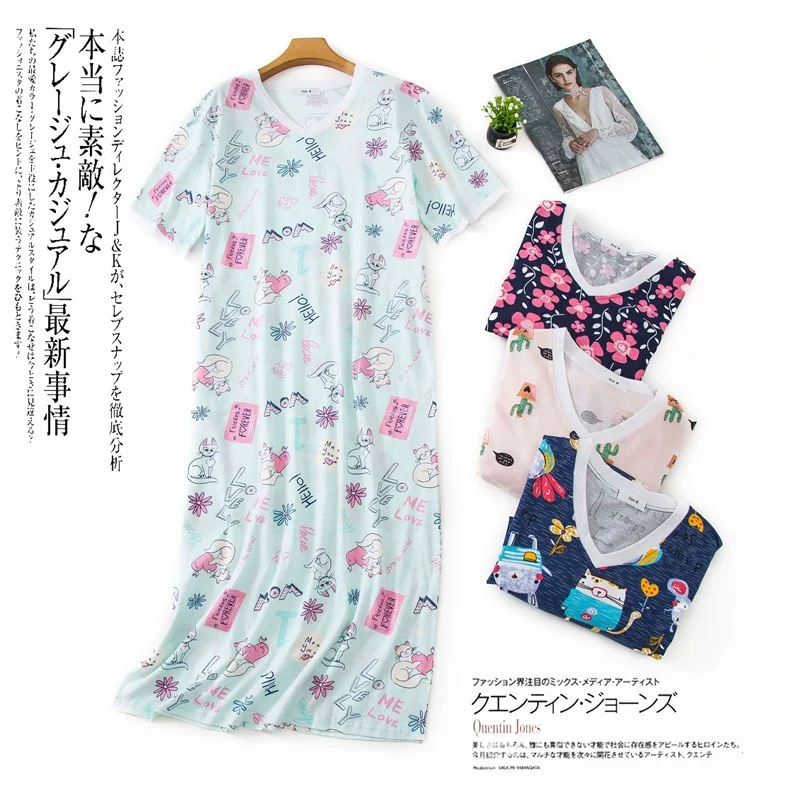 

Summer Women Cartoon Sleep Dress Cotton Sleepshirts Short Sleeve Nightgown V-neck Collar Loungewear Home Dress Long Nightdress