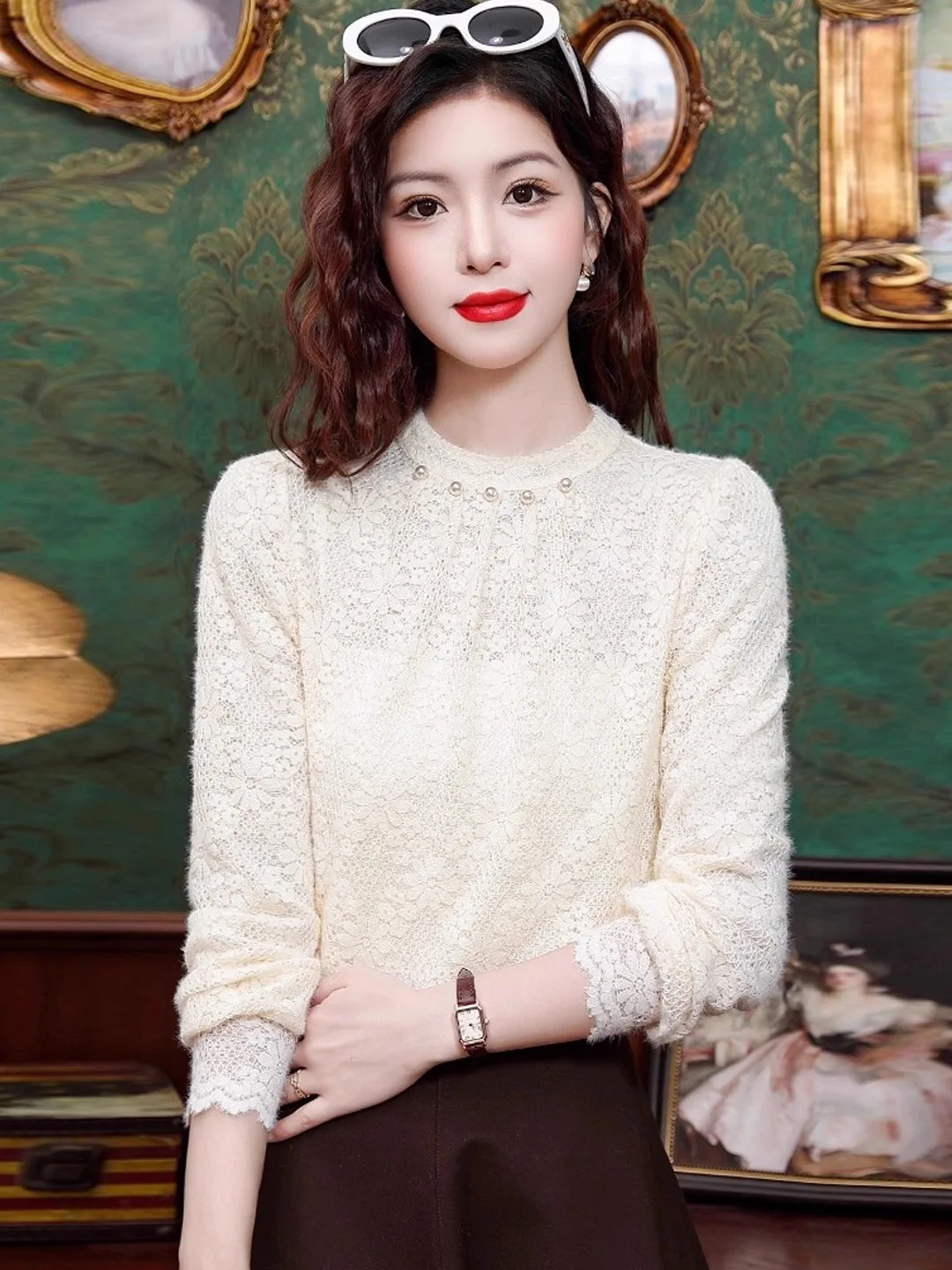 

Faionable Fce Lined Thiened Long Sve Lace irt Women's Autumn Winter Inner Slimming Base irt Stand Collar Top