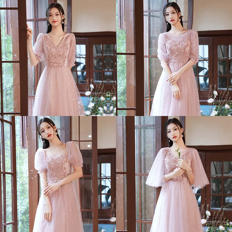 4 Styles Pink Bridesmaid French Square Collar/V-Neck Wedding Female Guests Dresses Exquisite Applique Sequins Sisters Group Gown