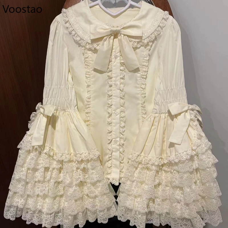 Victorian Vintage Lolita Style Shirts Women Gothic Y2k Bow Lace Ruffle Flare Long Sleeve Blouse Japanese Sweet Elegant Cute Tops