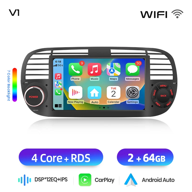 Junsun 7 inch Android autoradio voor Fiat 500 2007 - 2015 draadloos voor Apple CarPlay Auto IPS touchscreen stereo multimediaspeler automotive slimme intelligente systemen 2 Din autoradio head unit