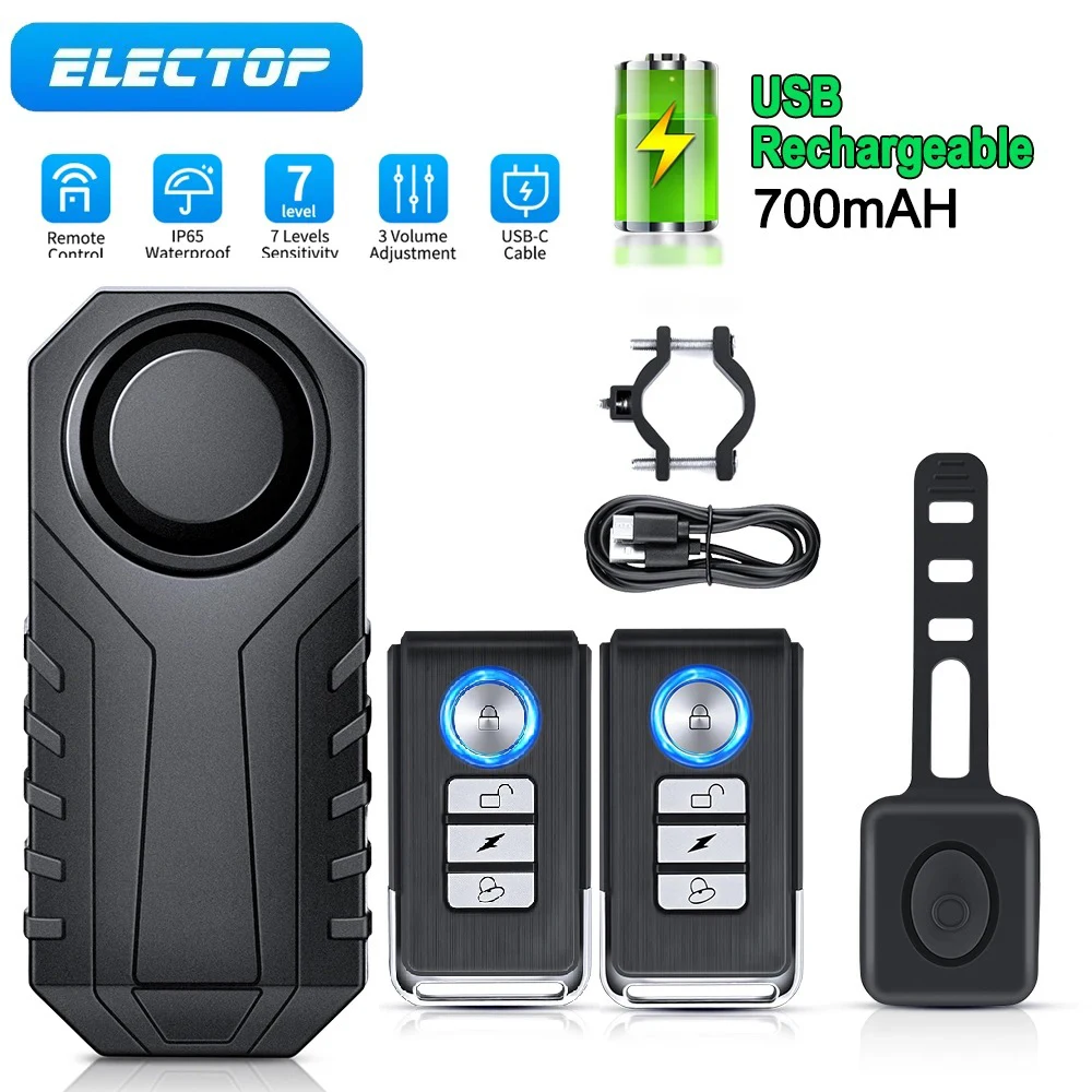 electop recarregavel alarme de vibracao de bicicleta 130db anti roubo controle remoto sem fio sistema de seguranca de alarme de vibracao de motocicleta 01