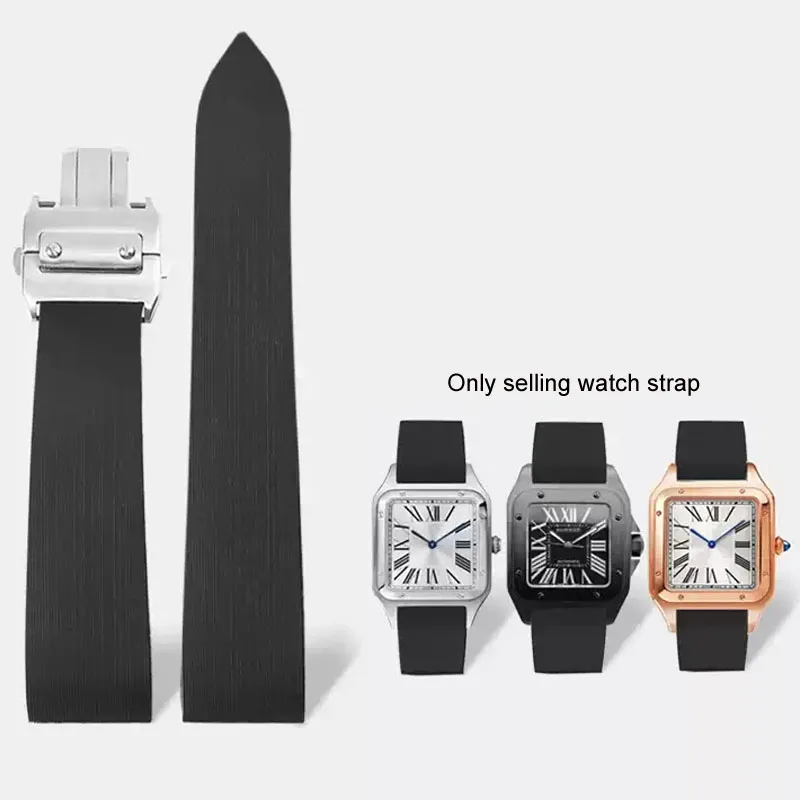 Rubber Waterproof Watchband Fits for Cartier Santos 100 W2020007 Silicone Strap Silver  Folding Buckle Black Bracelet 25mm