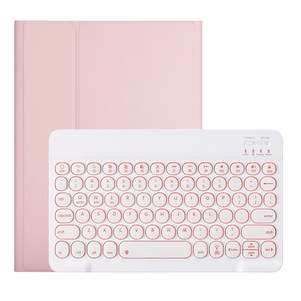 Tablet Case, Round Keycap Keyboard Case with Pen Slot, Backlit Keyboard Silicone Split Case, Suitable for iPad