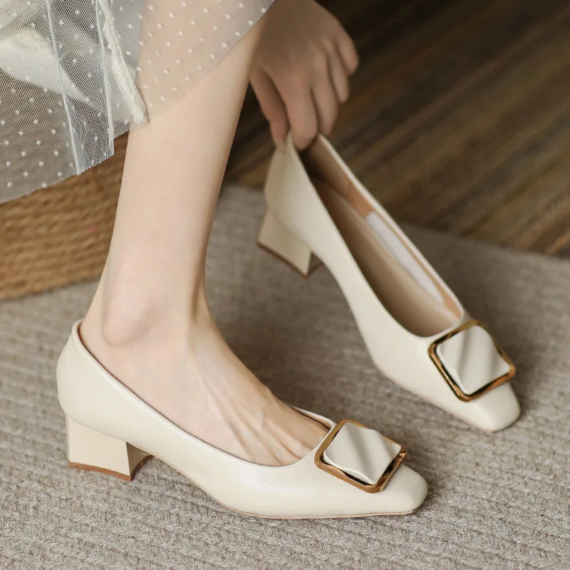 2023 New Women's Genuine Leather French Milk Card Thick Heel High Heel Shoes Commuter Shoes Soft Leather Not Tired Single Shoes