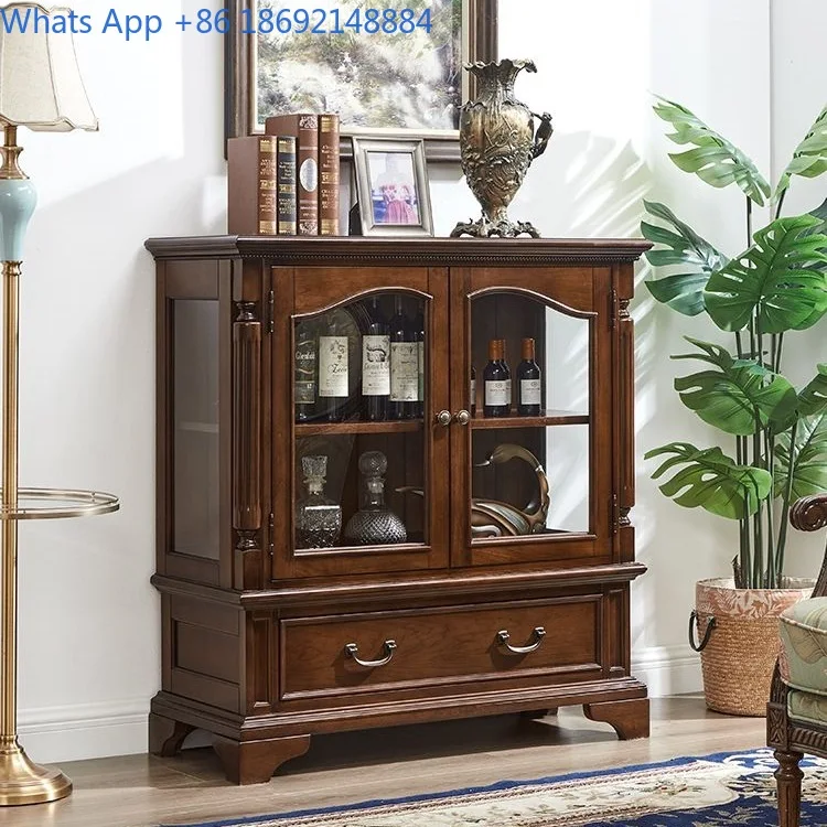 Rustic Style Wooden Wine Cabinet with Glass Doors for Living Room Storage and Display