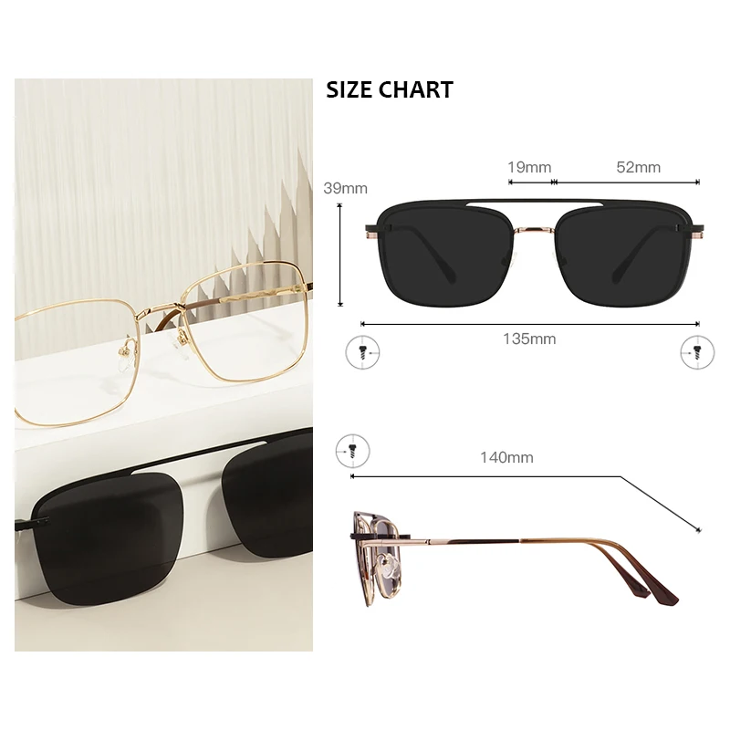 Men Metal Rectangle Glasses Frame Spring Hinge Temple With Black Magnetic Polarized Clip On Sunglasses For Prescription Lenses