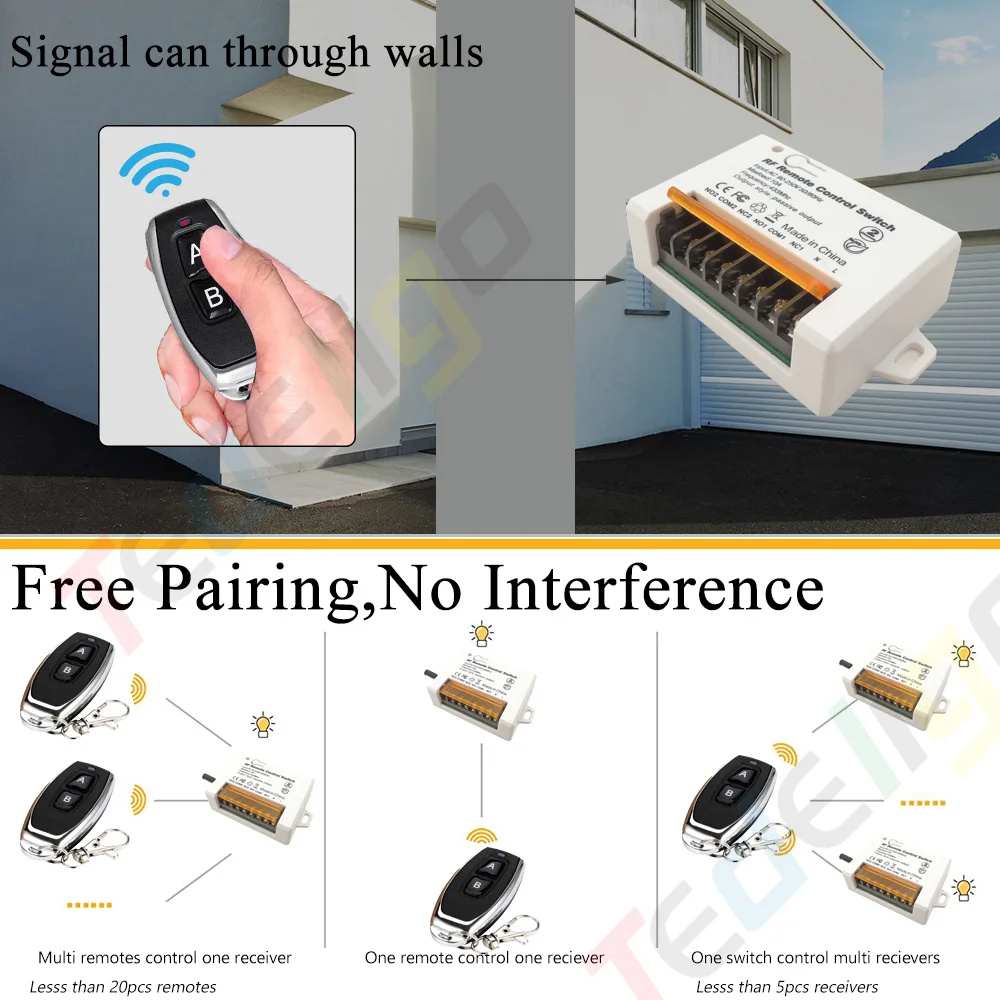 Universal Garage Door Motor Light Gate Remote Controller Switch Wireless AC 110V 220V 2CH Relay Receiver Module with Transmitter