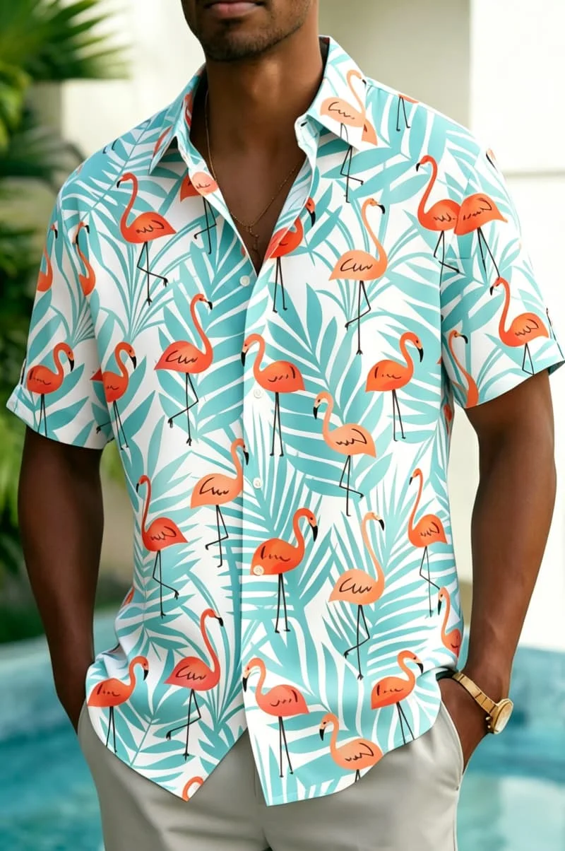 Men's Premium Tropical Flamingo Print Shirt, Luxury Casual Design for Summer Vacation, High-End Beachwear & Daily Style