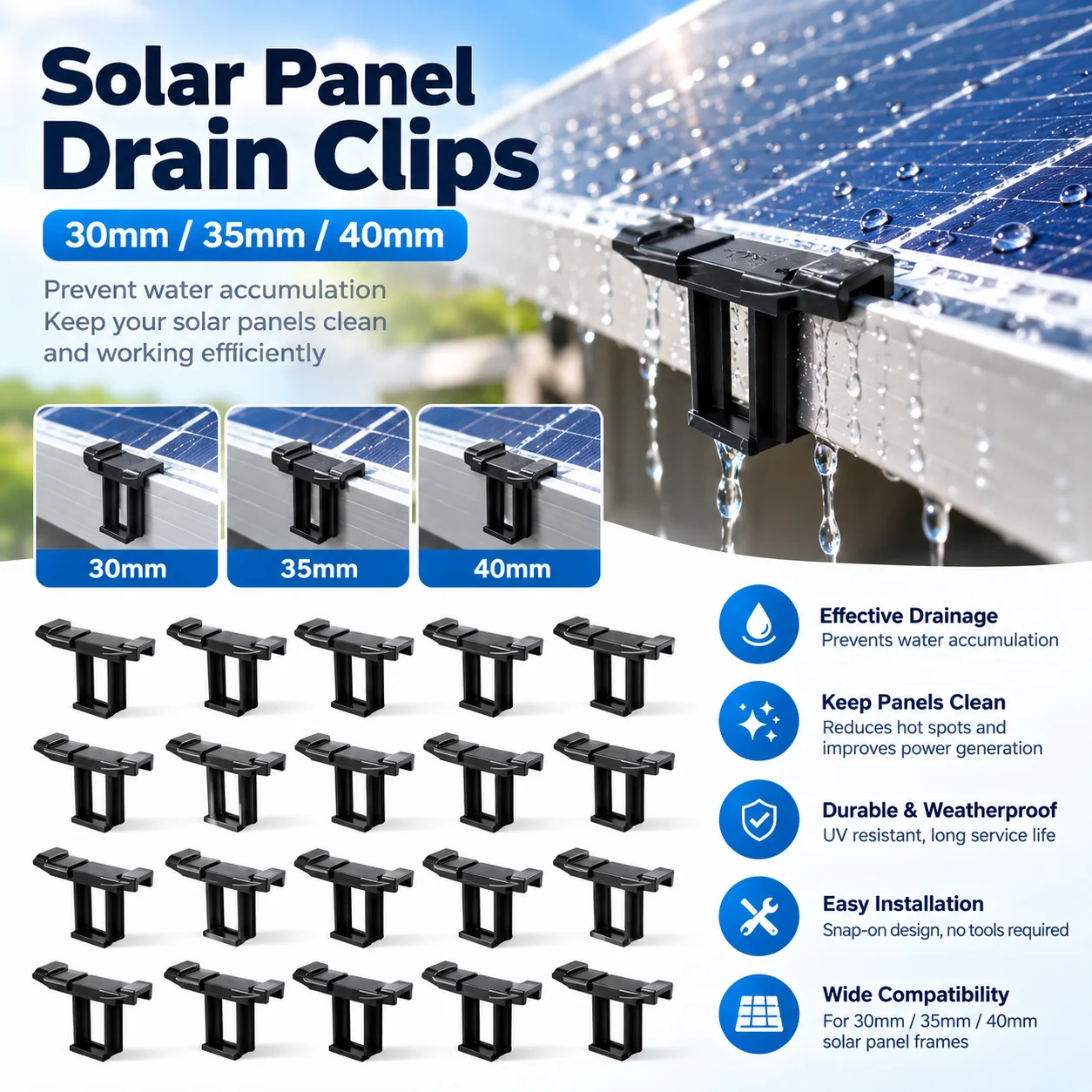 30mm 35mm 40mm Solar Panel Drainage Clips Solar Water Drain Diversion Clip Mud Removal Clip For Cleaning Solar Panels
