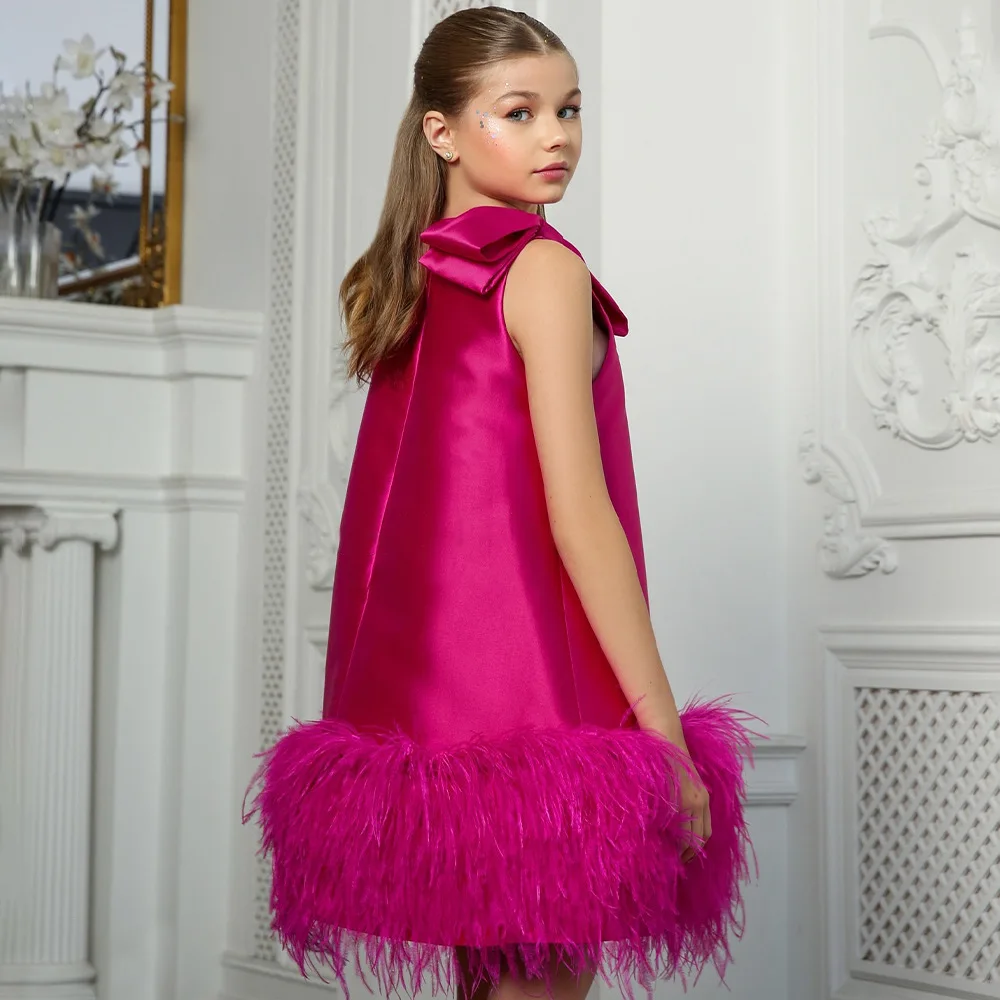 Kids Baby Princess Bow Tulle Feather Flower Girl Dresses First Communion Dresses Birthday Christmas Gift Wedding Party Birthday