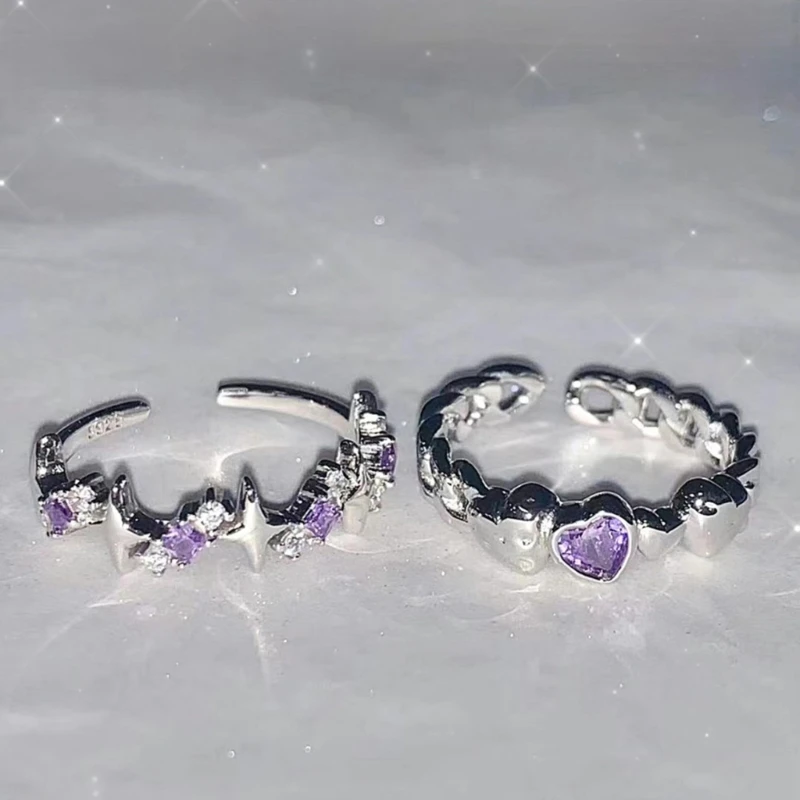 Set of 2 Purple Adjustable Open Rings Engagement Rings Y2K Adjustable Rings Alloy Material Aesthetic Jewelry