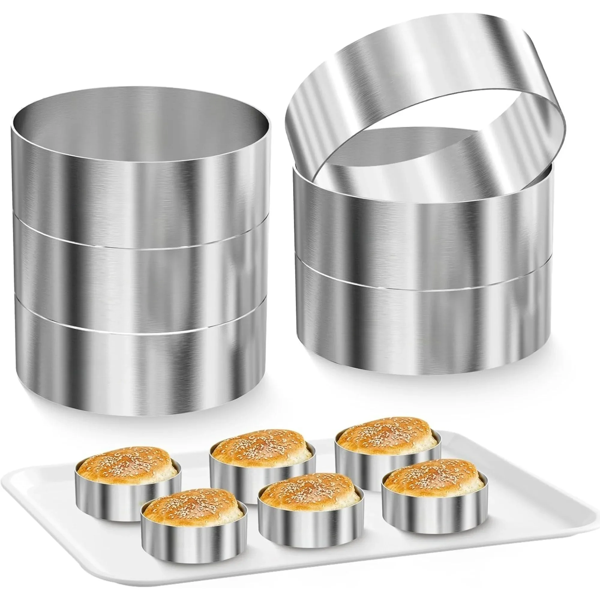 6PCS Hamburger Bun Rings 4inch Round 304 Stainless Steel Cake Pastry Ring for DIY Fried Eggs Crumpets Pancakes Muffins Baking