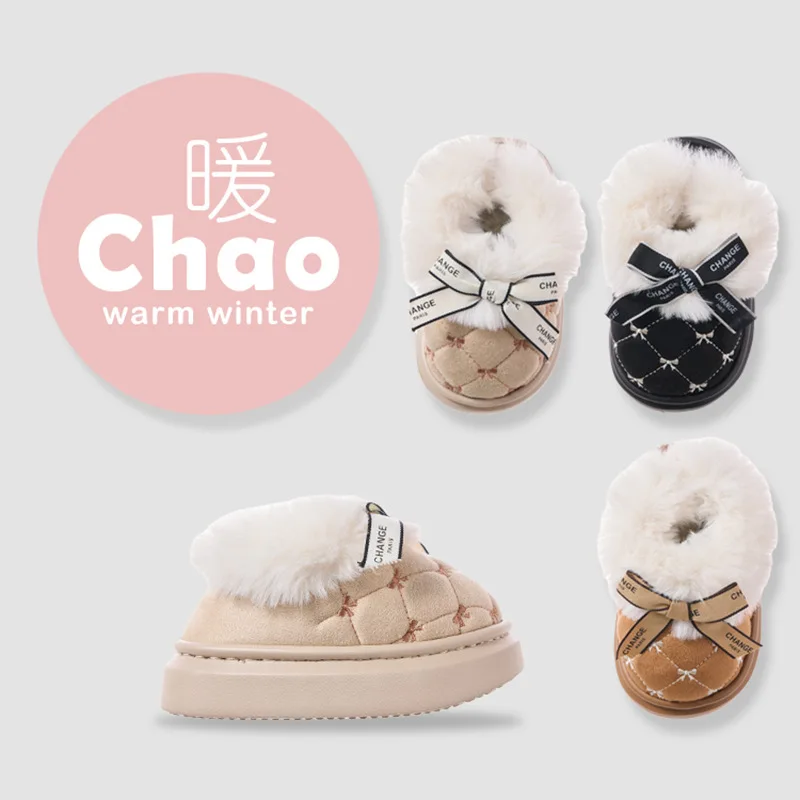 New Bow Cute Girls Slippers Winter Plaid Warm Plush Children Slippers Fashion Non Slip Soft Kids Indoor Shoes