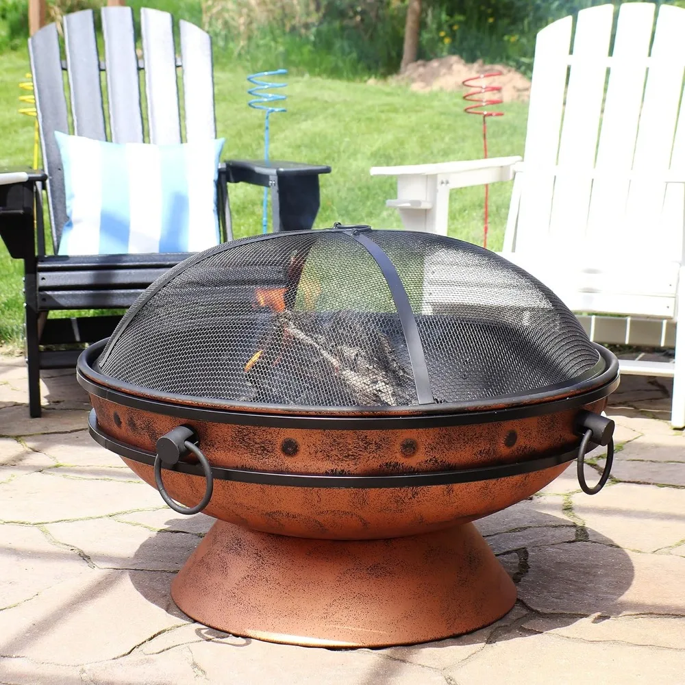 

30-Inch Large Outdoor Fire Pit - Wood Burning Fire Pit for Outside with Poker and Screen - Copper Finish - Royal Cauld