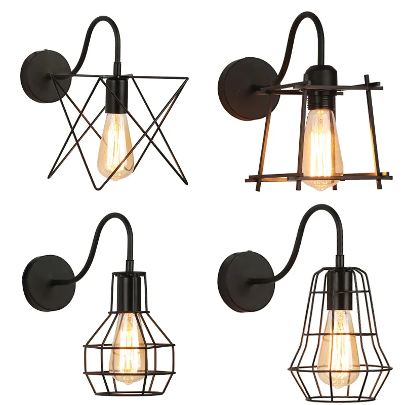 

Vintage American Country E27 Cage Wall Lamp Black Iron Light Bedroom Bar Counter Aisle Retro Indoor Reading Homebless