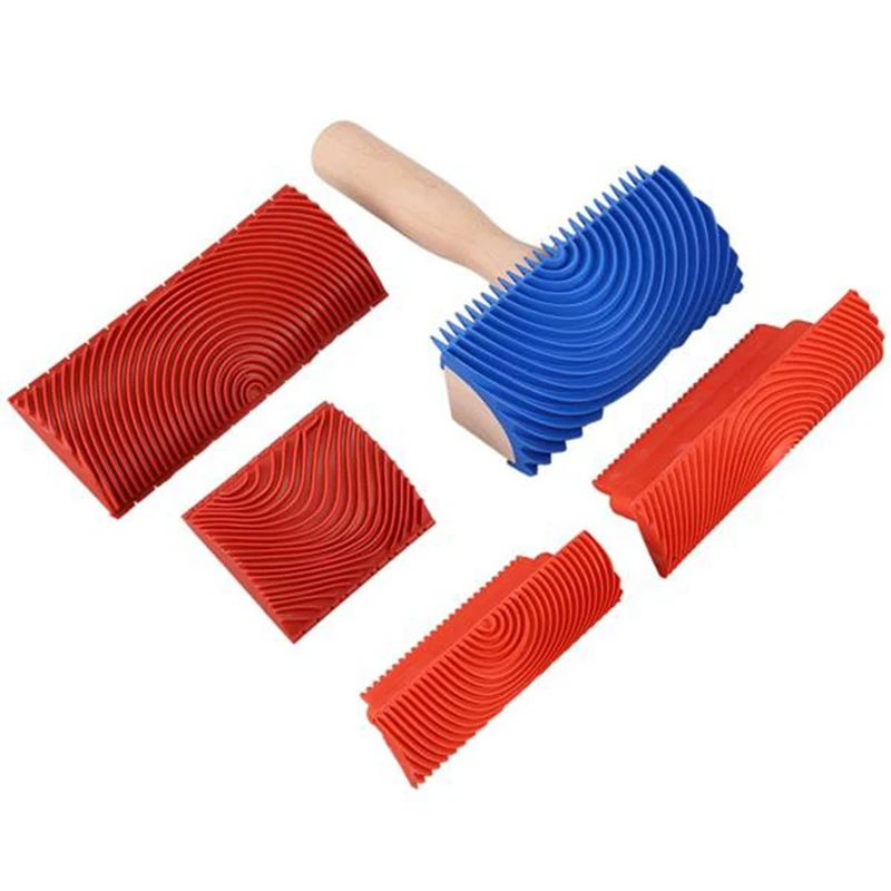 1Set Wood Roller Texture Tool Wall Paint Wood Roller Solid Wood Look Room Decor DIY Tool Blue&Red