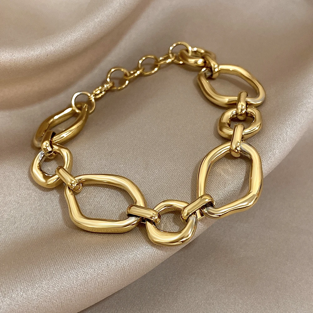 Irregular Circle Chain Link Bracelet for Women Waterproof Jewelry Fashion Gold Silver Color Stainless Steel Bangle Bracelets
