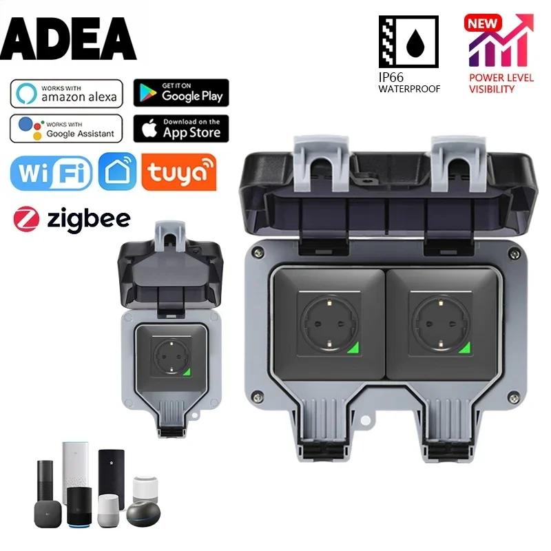 AdeaTuya Zigbee Electrical Outlets Ip66 Waterproof Outdoor Wifi Smart Eu Socket With Timer Switch Work With Alexa Google H