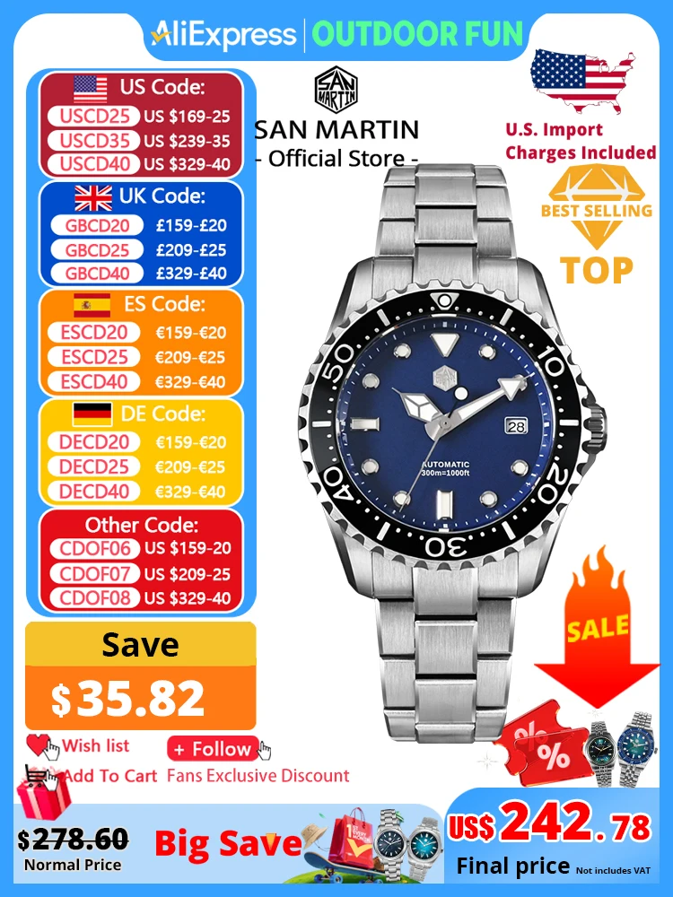 

San Martin Новые 40 мм дайверские часы YN55 с эмалевым циферблатом, классические роскошные мужские автоматические механические часы с сапфировым стеклом, водонепроницаемые 300 м SN0009