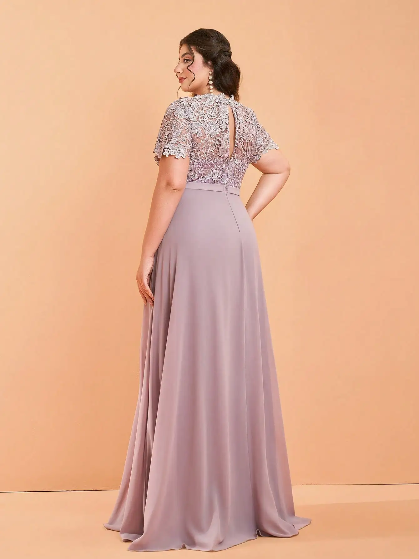 Mgiacy New Arrival Asymmetrical neck Pinkish pink Large size Bridesmaid Dress Contrast lace Chiffon Long dress