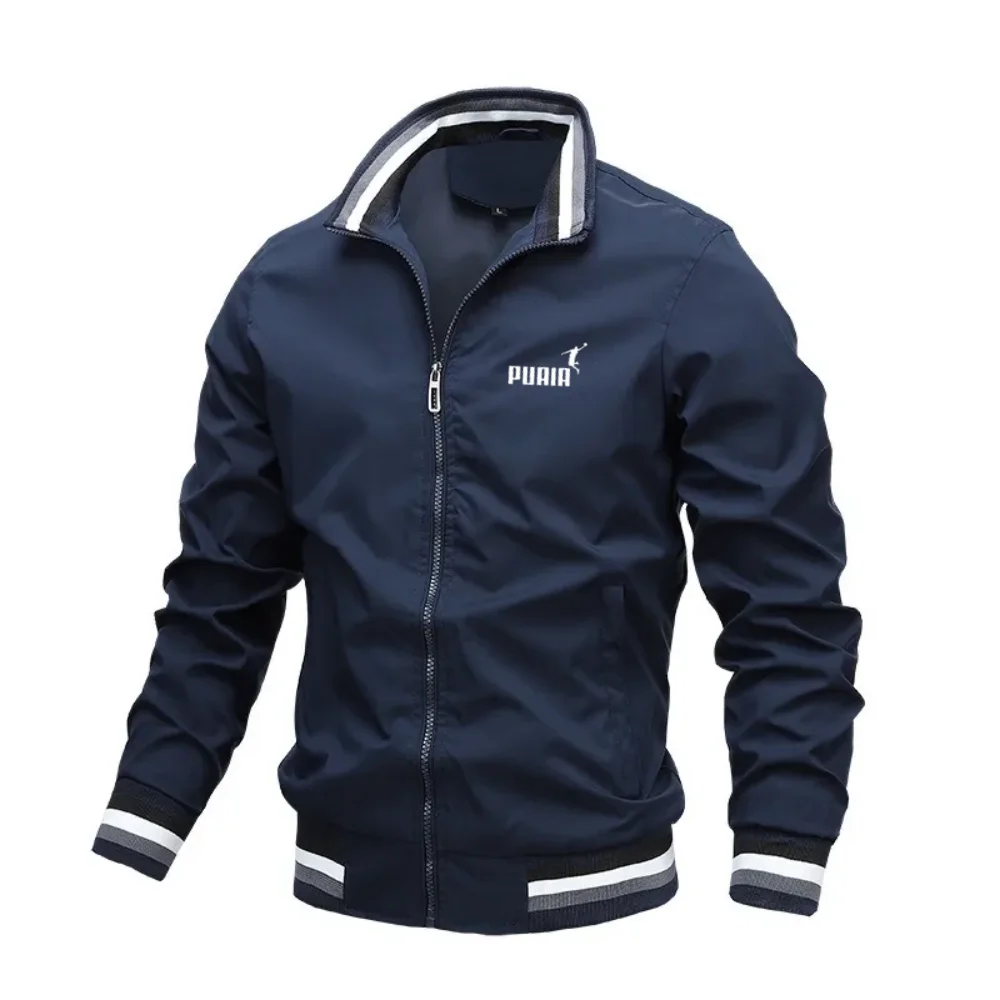 Men's lightweight zipper jacket with striped cuffs, stand up collar, casual windproof jacket, outdoor sports solid color printed