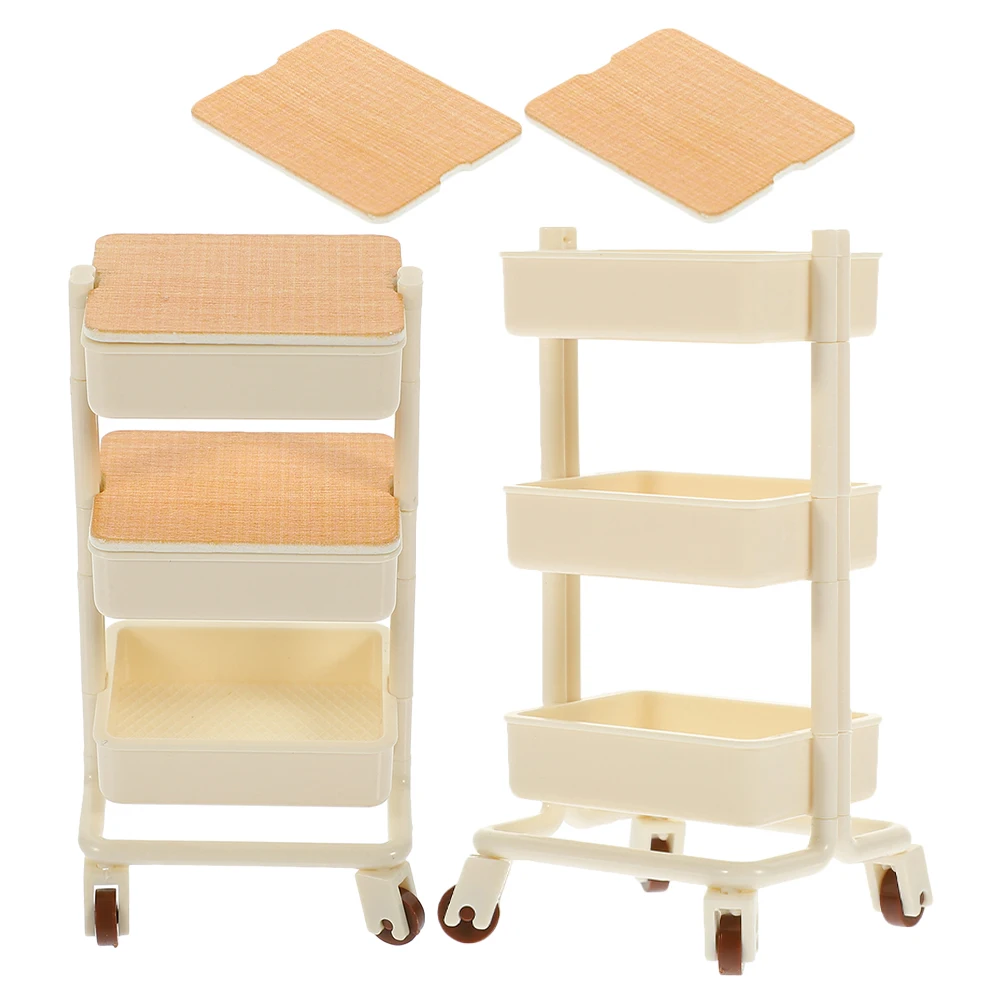 

2pcs Shopping 3 Tier Rolling Cart With Wheels Mini Storage Display Shelf niture Miniature Dining Cart For