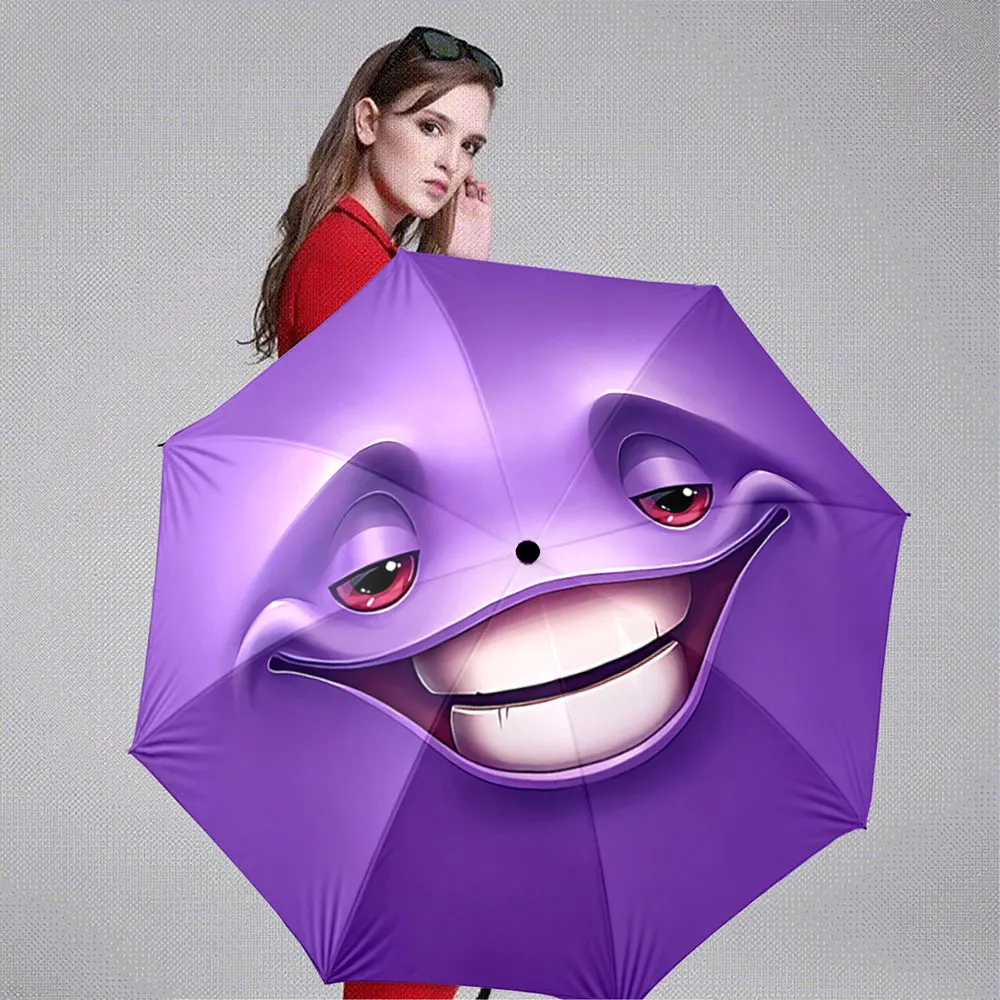 Smiling Purple Face with Bold Cartoon Style Design portable waterproof sun rain umbrella for outdoor travel beach