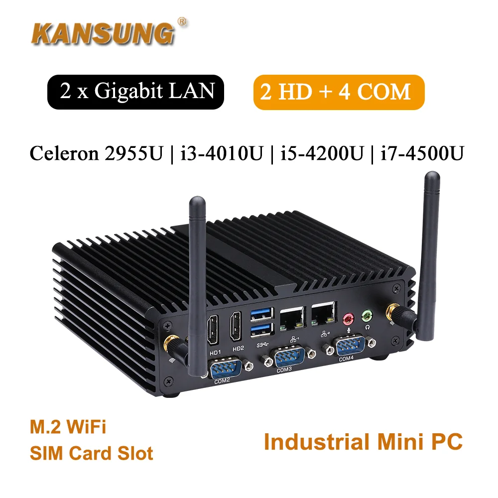 Fanless Barebone M.2 WiFi Sim Card Celeron 2955U Core i3 4010U i5 4200U i7 4500U Dual Core Processor 2 LAN 4 RS232 Micro Mini PC