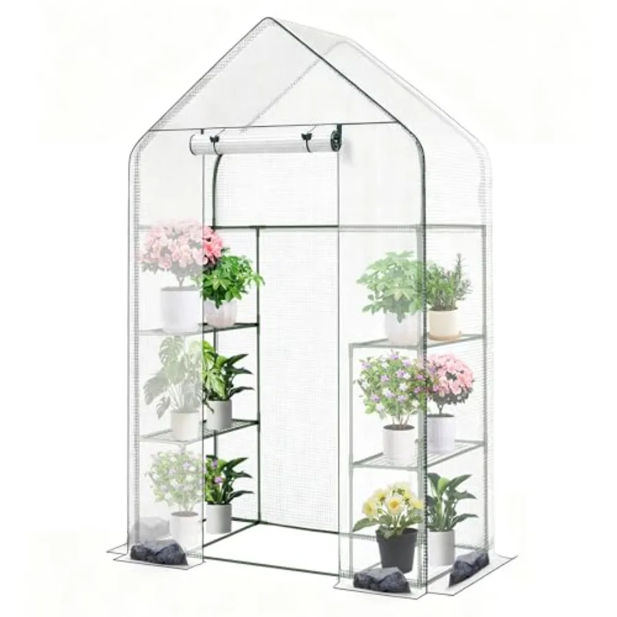 

Outdoor walk-in greenhouse with heavy-duty thicken PE cover, green color, 3-tier 8-shelf portable design for patio and garden u